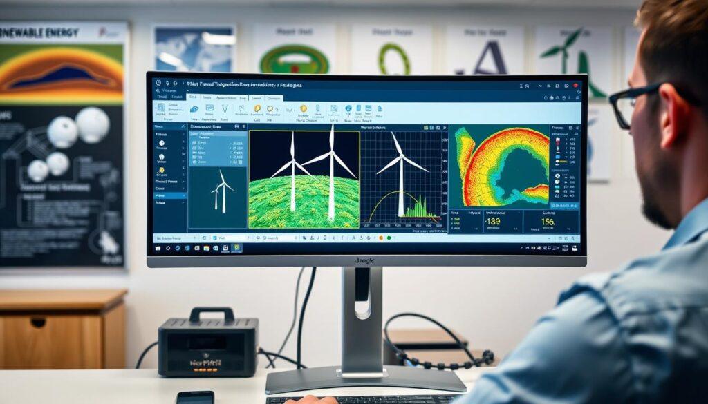 A modern energy modeling software interface displayed on a sleek computer screen, designed for wind technicians and power systems engineers. In the foreground, a focused technician in professional attire interacts with the interface, analyzing dynamic graphs and simulations showing wind energy patterns and system efficiency. The middle layer features a clear, detailed visualization of wind turbine placements and performance data, surrounded by technical icons representing tools like PVsyst, WindPRO, HOMER, and PSSE. The background reveals a well-lit office setting with renewable energy posters and technical equipment, creating an atmosphere of innovation and professionalism. Soft, ambient lighting highlights the screen’s vibrant colors, suggesting a forward-thinking environment, captured with a slight downward angle to emphasize the interface's sophistication. A modern energy modeling software interface displayed on a sleek computer screen, designed for wind technicians and power systems engineers. In the foreground, a focused technician in professional attire interacts with the interface, analyzing dynamic graphs and simulations showing wind energy patterns and system efficiency. The middle layer features a clear, detailed visualization of wind turbine placements and performance data, surrounded by technical icons representing tools like PVsyst, WindPRO, HOMER, and PSSE. The background reveals a well-lit office setting with renewable energy posters and technical equipment, creating an atmosphere of innovation and professionalism. Soft, ambient lighting highlights the screen’s vibrant colors, suggesting a forward-thinking environment, captured with a slight downward angle to emphasize the interface's sophistication.