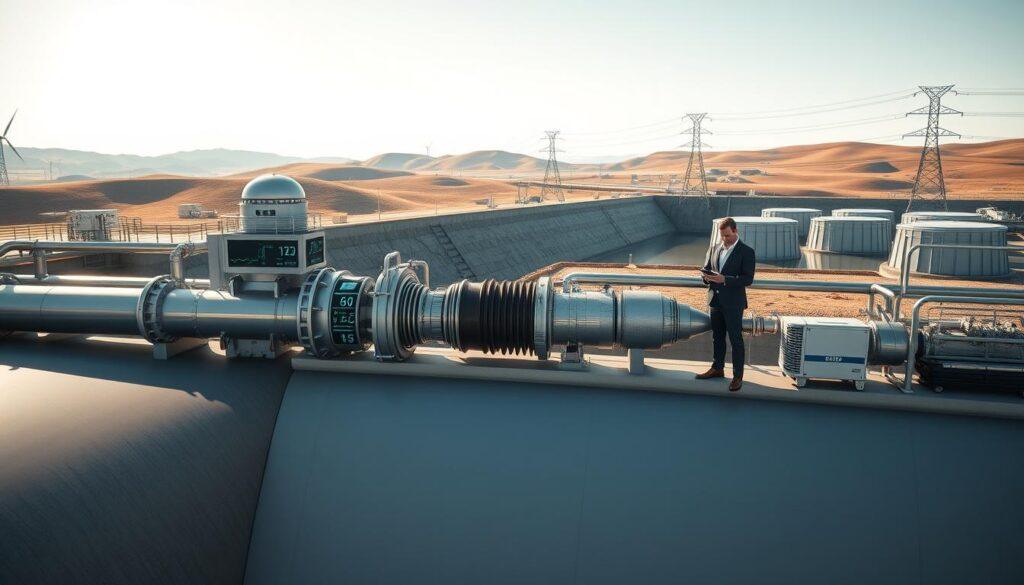 A modern, high-tech energy facility showcasing a large, sophisticated pumped storage system. In the foreground, an expansive reservoir merges seamlessly with an innovative turbine system, featuring sleek pipes and digital displays to signify advanced technology. The middle ground presents engineers in professional attire, analyzing data on tablets, with power lines and additional reservoirs in the distance, symbolizing interconnected energy systems. The background captures rolling hills under a bright, clear sky, highlighting the facility's harmony with the landscape. Soft sunlight casts dynamic shadows, creating a sense of depth and energy. The overall atmosphere is one of innovation and sustainability, reflecting the potential of long-duration energy storage. A modern, high-tech energy facility showcasing a large, sophisticated pumped storage system. In the foreground, an expansive reservoir merges seamlessly with an innovative turbine system, featuring sleek pipes and digital displays to signify advanced technology. The middle ground presents engineers in professional attire, analyzing data on tablets, with power lines and additional reservoirs in the distance, symbolizing interconnected energy systems. The background captures rolling hills under a bright, clear sky, highlighting the facility's harmony with the landscape. Soft sunlight casts dynamic shadows, creating a sense of depth and energy. The overall atmosphere is one of innovation and sustainability, reflecting the potential of long-duration energy storage.