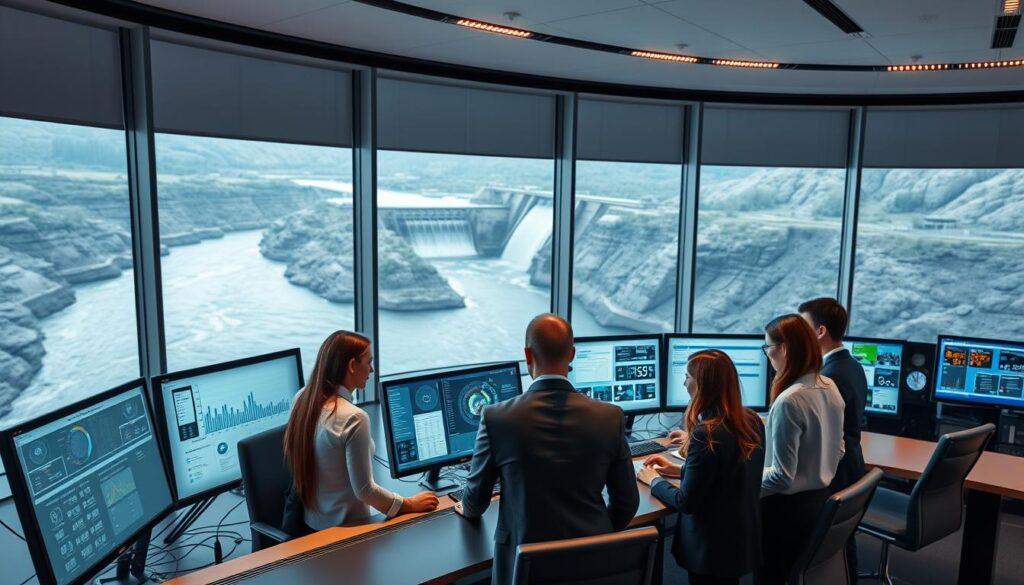 A modern hydroelectric innovation control room, featuring high-tech monitors displaying grid stability data and renewable energy metrics. In the foreground, a diverse team of professionals, dressed in professional business attire, collaborates around a sleek control panel, analyzing data and discussing strategies. The middle ground showcases advanced computer systems with illuminated screens and digital dashboards. In the background, large windows reveal a scenic view of a flowing river and hydroelectric dam, emphasizing the connection between nature and technology. Soft, ambient lighting enhances the high-tech atmosphere, while a wide-angle lens captures the entire scene, creating a sense of innovation and teamwork in renewable energy management. The mood is focused and dynamic, reflecting the importance of flexibility and efficiency in modern hydropower solutions. A modern hydroelectric innovation control room, featuring high-tech monitors displaying grid stability data and renewable energy metrics. In the foreground, a diverse team of professionals, dressed in professional business attire, collaborates around a sleek control panel, analyzing data and discussing strategies. The middle ground showcases advanced computer systems with illuminated screens and digital dashboards. In the background, large windows reveal a scenic view of a flowing river and hydroelectric dam, emphasizing the connection between nature and technology. Soft, ambient lighting enhances the high-tech atmosphere, while a wide-angle lens captures the entire scene, creating a sense of innovation and teamwork in renewable energy management. The mood is focused and dynamic, reflecting the importance of flexibility and efficiency in modern hydropower solutions.