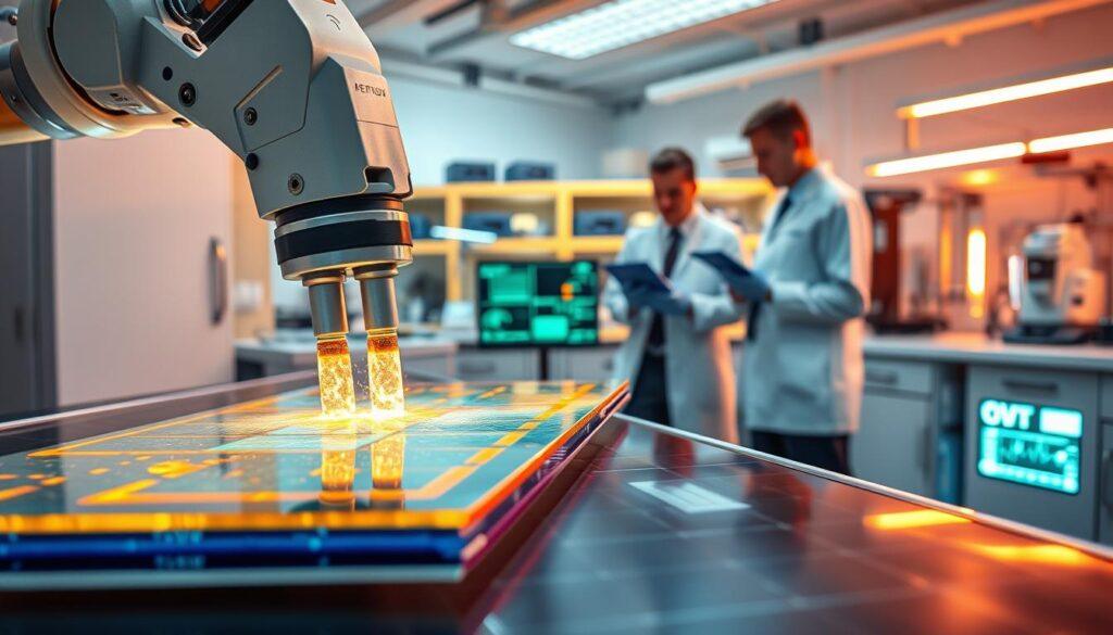 A modern research laboratory focused on perovskite solar panel encapsulation, showcasing a close-up view of the encapsulation process in action. In the foreground, a robotic arm applies encapsulation materials to sleek, transparent perovskite panels, revealing layers of vibrant color and texture. The middle ground features scientists in professional attire examining data on digital screens, discussing results related to UV and thermal cycling tests. The background exhibits laboratory equipment with high-tech instruments and UV lights, emphasizing an innovative atmosphere. Warm, bright lighting illuminates the scene, highlighting the transparency and efficiency of the encapsulated panels. The mood is one of advancement and collaboration in solar technology research, void of any distractions or text overlays.