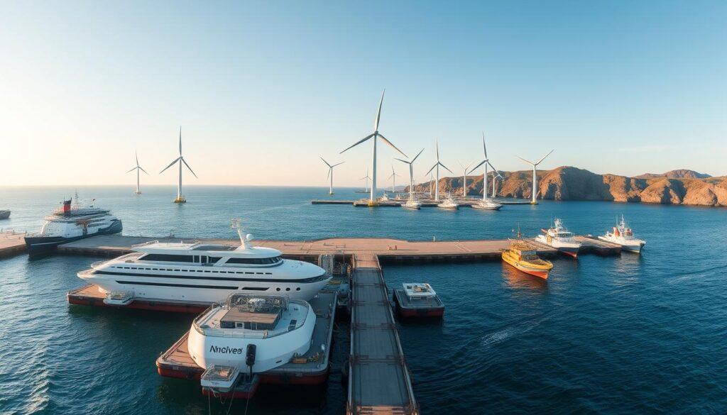 A panoramic view of a floating wind farm mooring port infrastructure, showcasing sleek, modern floating platforms anchored to the dock. In the foreground, robust support structures and maintenance vessels are visible, reflecting a strong industrial design. The middle ground features several wind turbines gracefully spinning under a clear blue sky. The backdrop illustrates a rugged coastline with gentle waves, adding a sense of scale and environmental integration. The scene is bathed in soft, golden afternoon light, creating an inviting atmosphere. Use a wide-angle lens perspective to capture the expansive layout of the port and wind farm, emphasizing the harmony between technology and nature. The overall mood conveys innovation and sustainability, essential to offshore energy development. A panoramic view of a floating wind farm mooring port infrastructure, showcasing sleek, modern floating platforms anchored to the dock. In the foreground, robust support structures and maintenance vessels are visible, reflecting a strong industrial design. The middle ground features several wind turbines gracefully spinning under a clear blue sky. The backdrop illustrates a rugged coastline with gentle waves, adding a sense of scale and environmental integration. The scene is bathed in soft, golden afternoon light, creating an inviting atmosphere. Use a wide-angle lens perspective to capture the expansive layout of the port and wind farm, emphasizing the harmony between technology and nature. The overall mood conveys innovation and sustainability, essential to offshore energy development.
