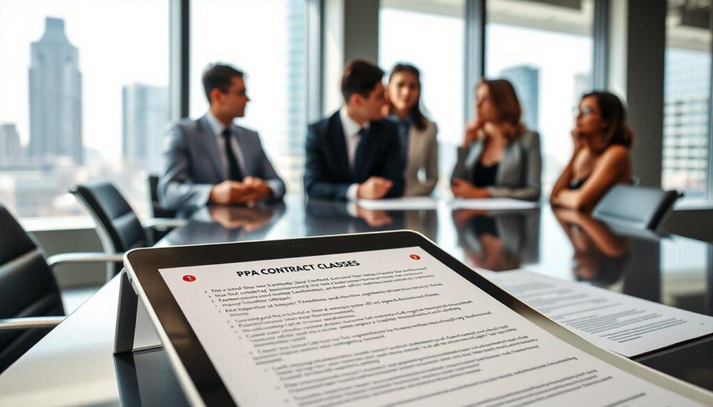 A professional office setting showcasing a sleek conference table with digital contract documents spread out. In the foreground, a close-up view of a tablet displaying ten highlighted PPA contract clauses with visual icons representing key points, like timelines and regulations. In the middle, business professionals in formal attire are engaged in discussion and analysis, emphasizing collaboration and focus. The background features large windows with natural light flooding in, casting soft shadows, enhancing a productive atmosphere. The lighting is bright but warm, creating an inviting space. A blurred cityscape outside adds context without detracting from the central theme. Overall, the image conveys a sense of professionalism, clarity, and focus on corporate procurement discussions.