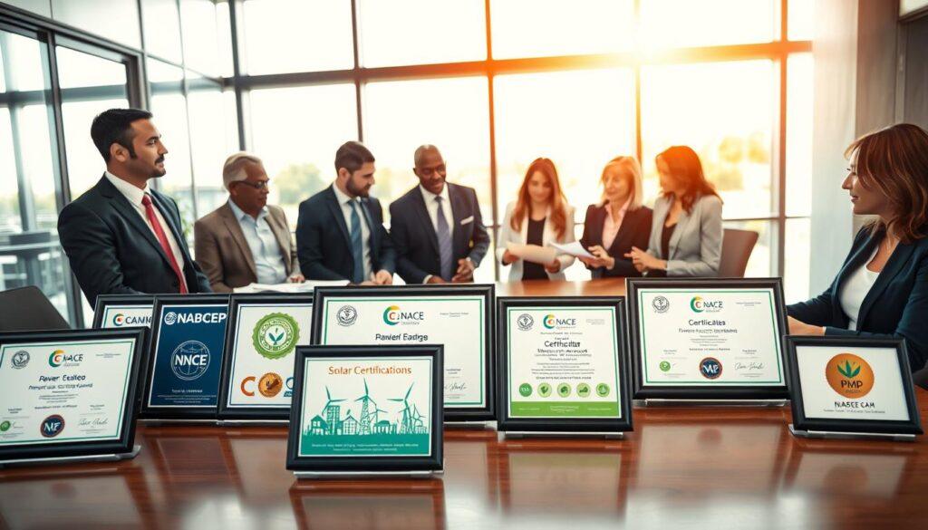 A professional setting depicting various renewable energy certifications, such as NABCEP, NACE, GWO, and PMP, arranged visually on a conference table. In the foreground, a diverse group of individuals in smart business attire, including men and women of different ethnicities, are engaged in discussion, examining the certificates. The middle ground features an organized display of framed credentials, highlighting renewable energy themes with solar panels, wind turbines, and battery storage icons. The background shows a modern office environment with large windows letting in warm, natural light that creates an optimistic and collaborative atmosphere. The camera angle is slightly elevated, focusing on the interaction at the table while incorporating the certifications, conveying a mood of growth and innovation in the renewable energy sector. A professional setting depicting various renewable energy certifications, such as NABCEP, NACE, GWO, and PMP, arranged visually on a conference table. In the foreground, a diverse group of individuals in smart business attire, including men and women of different ethnicities, are engaged in discussion, examining the certificates. The middle ground features an organized display of framed credentials, highlighting renewable energy themes with solar panels, wind turbines, and battery storage icons. The background shows a modern office environment with large windows letting in warm, natural light that creates an optimistic and collaborative atmosphere. The camera angle is slightly elevated, focusing on the interaction at the table while incorporating the certifications, conveying a mood of growth and innovation in the renewable energy sector.