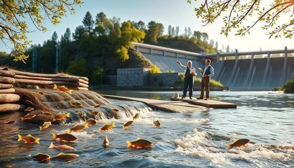 A serene river scene showcasing innovative hydropower fish passage solutions. In the foreground, a well-designed fish ladder, constructed of natural materials, allows fish to navigate upstream. Several colorful fish can be seen swimming upwards, illustrating the effectiveness of this design. In the middle ground, engineers in professional attire examine the fish passage structure, pointing at charts and discussing environmental impact. The background features a modern hydropower dam, integrated seamlessly into the natural landscape, surrounded by lush greenery and gentle flowing water. Warm sunlight filters through the trees, casting a peaceful glow on the scene. The overall mood is one of harmony between technology and nature, emphasizing sustainable innovations. A serene river scene showcasing innovative hydropower fish passage solutions. In the foreground, a well-designed fish ladder, constructed of natural materials, allows fish to navigate upstream. Several colorful fish can be seen swimming upwards, illustrating the effectiveness of this design. In the middle ground, engineers in professional attire examine the fish passage structure, pointing at charts and discussing environmental impact. The background features a modern hydropower dam, integrated seamlessly into the natural landscape, surrounded by lush greenery and gentle flowing water. Warm sunlight filters through the trees, casting a peaceful glow on the scene. The overall mood is one of harmony between technology and nature, emphasizing sustainable innovations.