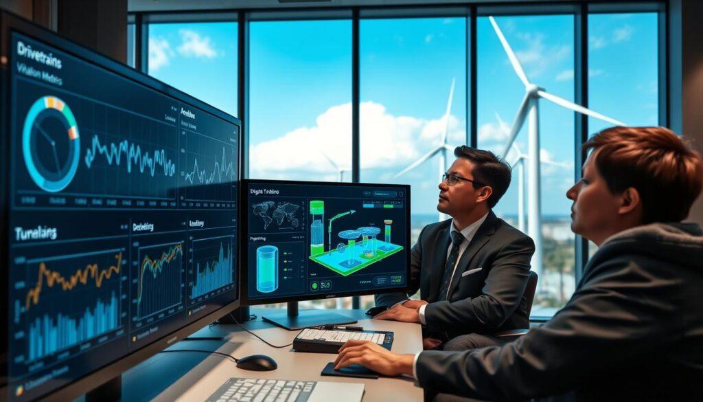 A sophisticated SCADA analytics dashboard showcasing wind turbine monitoring in a high-tech control room. In the foreground, a large digital screen prominently displays real-time data, including drivetrain vibration metrics, energy output graphs, and digital twin simulations represented by 3D models. The middle section features technicians in professional business attire, intently analyzing the data on the screen, with clear expressions of focus and determination. The background includes modern wind turbines visible through a window, with a backdrop of a bright blue sky and gentle clouds. Soft, ambient lighting illuminates the control room, creating a calm, focused atmosphere. The scene is captured from a slightly elevated angle, harmonizing technical precision with a sense of innovation. A sophisticated SCADA analytics dashboard showcasing wind turbine monitoring in a high-tech control room. In the foreground, a large digital screen prominently displays real-time data, including drivetrain vibration metrics, energy output graphs, and digital twin simulations represented by 3D models. The middle section features technicians in professional business attire, intently analyzing the data on the screen, with clear expressions of focus and determination. The background includes modern wind turbines visible through a window, with a backdrop of a bright blue sky and gentle clouds. Soft, ambient lighting illuminates the control room, creating a calm, focused atmosphere. The scene is captured from a slightly elevated angle, harmonizing technical precision with a sense of innovation.