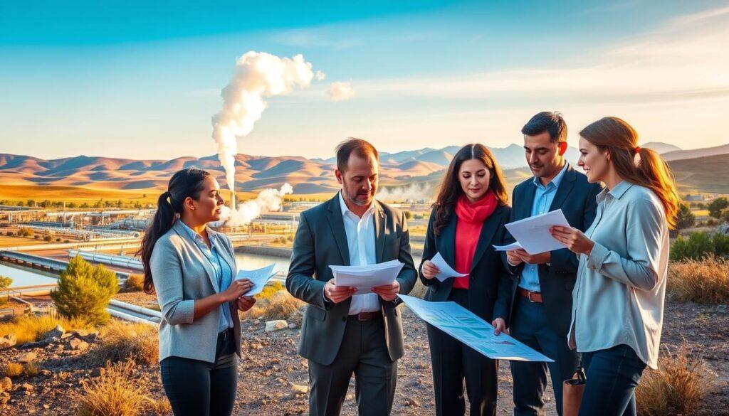 A vibrant scene illustrating "Community & Jobs" in a geothermal brine setting, featuring diverse professionals engaged in resource management and teamwork. In the foreground, a diverse group of individuals in business attire—both men and women—discuss projects while examining graphs and reports. In the middle ground, geothermal energy facilities with pipelines and steam rising, showcasing the technology powering local jobs. In the background, a picturesque landscape with rolling hills and a clear blue sky, suggesting a thriving community. The lighting is warm and inviting, capturing the optimism of environmental sustainability. The image should convey a sense of collaboration, innovation, and community spirit, emphasizing the local benefits of geothermal energy. A vibrant scene illustrating "Community & Jobs" in a geothermal brine setting, featuring diverse professionals engaged in resource management and teamwork. In the foreground, a diverse group of individuals in business attire—both men and women—discuss projects while examining graphs and reports. In the middle ground, geothermal energy facilities with pipelines and steam rising, showcasing the technology powering local jobs. In the background, a picturesque landscape with rolling hills and a clear blue sky, suggesting a thriving community. The lighting is warm and inviting, capturing the optimism of environmental sustainability. The image should convey a sense of collaboration, innovation, and community spirit, emphasizing the local benefits of geothermal energy.