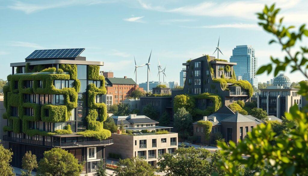 A collection of innovative example projects showcasing net zero architecture in a modern urban setting. In the foreground, a sleek, eco-friendly building with vertical gardens and solar panels, reflecting the latest sustainable materials. In the middle ground, diverse green design projects, such as a community center with living roofs and a quaint residential area featuring wind turbines, all blending harmoniously with nature. The background features a clear blue sky with soft, diffused sunlight casting gentle shadows, enhancing the green hues of the foliage and the vibrant colors of the buildings. The scene captures a hopeful, forward-thinking atmosphere, symbolizing a sustainable future in architecture. The image should be shot with a wide-angle lens for a panoramic effect, emphasizing the integration of these eco-friendly designs into the community. A collection of innovative example projects showcasing net zero architecture in a modern urban setting. In the foreground, a sleek, eco-friendly building with vertical gardens and solar panels, reflecting the latest sustainable materials. In the middle ground, diverse green design projects, such as a community center with living roofs and a quaint residential area featuring wind turbines, all blending harmoniously with nature. The background features a clear blue sky with soft, diffused sunlight casting gentle shadows, enhancing the green hues of the foliage and the vibrant colors of the buildings. The scene captures a hopeful, forward-thinking atmosphere, symbolizing a sustainable future in architecture. The image should be shot with a wide-angle lens for a panoramic effect, emphasizing the integration of these eco-friendly designs into the community.