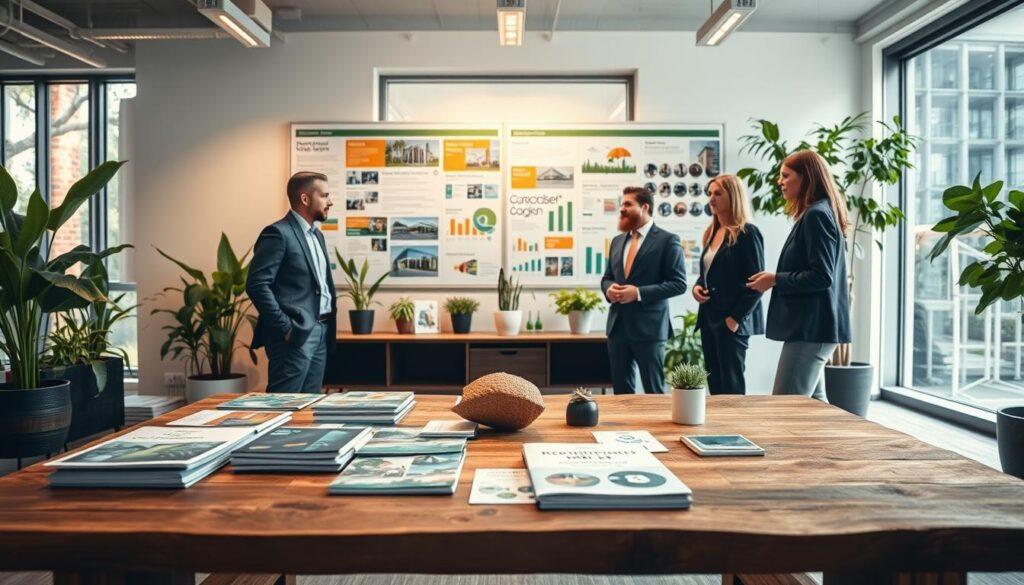 A dynamic workspace showcasing sustainable materials case studies, featuring a modern office setting with eco-friendly building materials on display. In the foreground, a large wooden table made from reclaimed timber holds brochures and small samples of bamboo, recycled glass, and organic textiles. In the middle, a bulletin board filled with vibrant infographics and photos of successful green building projects inspires a sense of innovation. The background includes large windows allowing natural light to flood the room, highlighting indoor plants that add a touch of life. The atmosphere is bright and motivating, suggesting collaboration among professionals in smart, business attire discussing sustainable design. The image is captured with a soft focus to create a warm and inviting ambiance, emphasizing the importance of eco-friendly materials in modern construction.