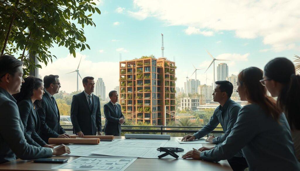 A futuristic green design industry scene showcasing the impact of sustainable architecture. In the foreground, a group of diverse professionals in business attire discusses plans around a large table covered with eco-friendly materials and blueprints. In the middle, a partially constructed building made from recycled materials rises, adorned with vertical gardens and solar panels, symbolizing innovation in design. The background features a lush, green cityscape with wind turbines and greenery integrated into buildings. The sky is bright with soft, natural lighting illuminating the scene, creating a hopeful and optimistic atmosphere. Capture the details with a slightly elevated camera angle to emphasize collaboration and progress towards sustainability. A futuristic green design industry scene showcasing the impact of sustainable architecture. In the foreground, a group of diverse professionals in business attire discusses plans around a large table covered with eco-friendly materials and blueprints. In the middle, a partially constructed building made from recycled materials rises, adorned with vertical gardens and solar panels, symbolizing innovation in design. The background features a lush, green cityscape with wind turbines and greenery integrated into buildings. The sky is bright with soft, natural lighting illuminating the scene, creating a hopeful and optimistic atmosphere. Capture the details with a slightly elevated camera angle to emphasize collaboration and progress towards sustainability.