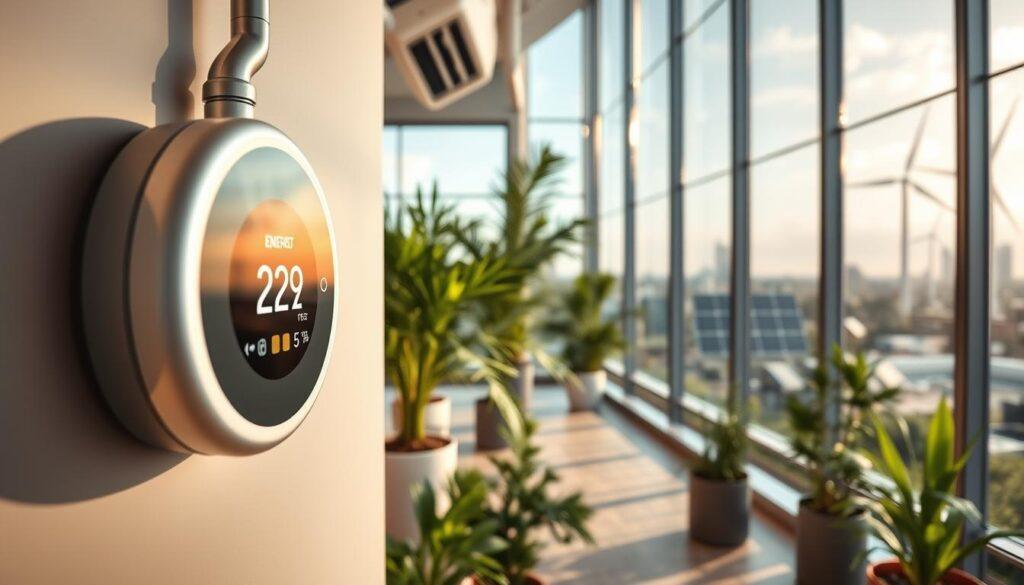 A modern, energy-efficient HVAC system integrated into a sleek, contemporary green building. In the foreground, showcase an advanced thermostat with a digital display showing real-time energy consumption data. In the middle ground, highlight an open floor plan with large windows allowing natural light to flood the space, revealing stylish indoor plants and sustainable materials like bamboo and recycled metal. The background includes a panoramic view of a city skyline with solar panels and wind turbines, symbolizing renewable energy. The scene is illuminated by soft, warm lighting, creating a welcoming atmosphere that reflects innovation and sustainability. Use a wide-angle lens perspective to capture the seamless integration of technology and nature, emphasizing the harmony in modern architecture and smart climate solutions. A modern, energy-efficient HVAC system integrated into a sleek, contemporary green building. In the foreground, showcase an advanced thermostat with a digital display showing real-time energy consumption data. In the middle ground, highlight an open floor plan with large windows allowing natural light to flood the space, revealing stylish indoor plants and sustainable materials like bamboo and recycled metal. The background includes a panoramic view of a city skyline with solar panels and wind turbines, symbolizing renewable energy. The scene is illuminated by soft, warm lighting, creating a welcoming atmosphere that reflects innovation and sustainability. Use a wide-angle lens perspective to capture the seamless integration of technology and nature, emphasizing the harmony in modern architecture and smart climate solutions.