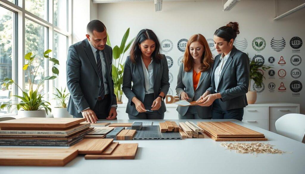 A serene and professional workspace showcasing sustainable materials for LEED certification. In the foreground, a diverse team of three professionals in business attire are analyzing eco-friendly building materials—wood samples, recycled metals, and hemp insulation—laid out on a large table. In the middle, a bright, sunlit room featuring large windows with green plants, emphasizing biophilic design principles. The background reveals a wall with LEED certification logos, showcasing achievements in sustainability. Soft, natural lighting filters through the windows, creating an inviting atmosphere. Use a wide-angle lens to capture the collaboration and thoughtful discussion, conveying a mood of innovation and responsibility in sourcing eco-friendly materials.