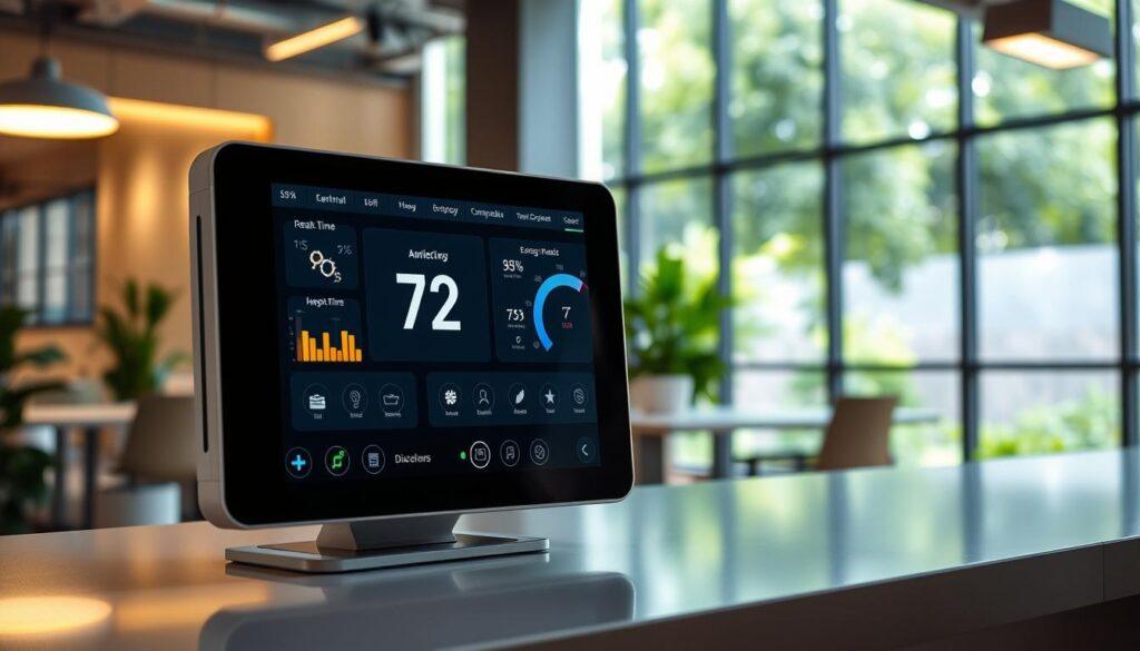 A sleek and modern smart climate control system dashboard displayed prominently in the foreground, showcasing a vibrant touchscreen interface with real-time temperature, humidity, and energy consumption metrics. The dashboard features intuitive icons and colorful graphs representing data analytics. In the middle ground, a smart thermostat blends seamlessly into a well-designed, eco-friendly office environment with large windows allowing natural light to filter in. The background includes greenery visible through the windows, emphasizing sustainability. The scene is illuminated with soft, ambient lighting, creating a futuristic yet approachable atmosphere. The angle is slightly tilted to give depth to the dashboard and environment, promoting a sense of cutting-edge technology in energy-efficient solutions for green buildings. A sleek and modern smart climate control system dashboard displayed prominently in the foreground, showcasing a vibrant touchscreen interface with real-time temperature, humidity, and energy consumption metrics. The dashboard features intuitive icons and colorful graphs representing data analytics. In the middle ground, a smart thermostat blends seamlessly into a well-designed, eco-friendly office environment with large windows allowing natural light to filter in. The background includes greenery visible through the windows, emphasizing sustainability. The scene is illuminated with soft, ambient lighting, creating a futuristic yet approachable atmosphere. The angle is slightly tilted to give depth to the dashboard and environment, promoting a sense of cutting-edge technology in energy-efficient solutions for green buildings.