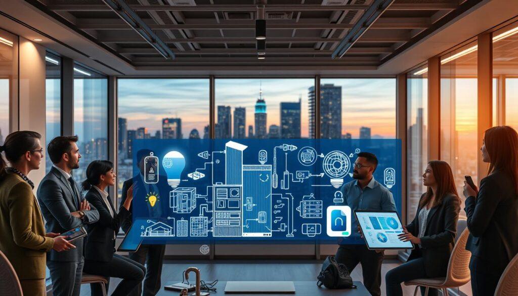 In a sleek, modern office space representing a smart building, the foreground features a diverse group of professionals in business attire, intensely discussing integration challenges, surrounded by high-tech devices and digital screens displaying complex data and blueprints. The middle of the scene shows various smart building elements such as energy-efficient lighting systems, integrated HVAC units, and smart security features, illustrating the complexities of their interconnectivity. In the background, large windows reveal a vibrant city skyline at dusk, with soft ambient lighting creating a productive atmosphere. The overall mood is one of innovation and collaboration, with a slight sense of urgency to solve the depicted integration issues, captured with a wide-angle lens to emphasize both the people and technology in harmony.