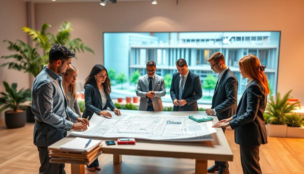 A collaborative model representing the building science industry, showcasing professionals in modern business attire engaged in active discussions around innovative blueprints and sustainable designs. In the foreground, a diverse group of architects and engineers examines a detailed architectural plan on a large table, with eco-friendly materials and tools nearby. The middle layer features digital screens displaying data models and design simulations, symbolizing advanced technology integration. The background includes a sleek, technologically advanced building under construction, surrounded by greenery. Soft, ambient lighting illuminates the space, creating a vibrant yet focused atmosphere. Capture the scene from a slightly elevated angle, emphasizing the interaction among the professionals while highlighting the blend of nature and architecture in sustainable building practices.