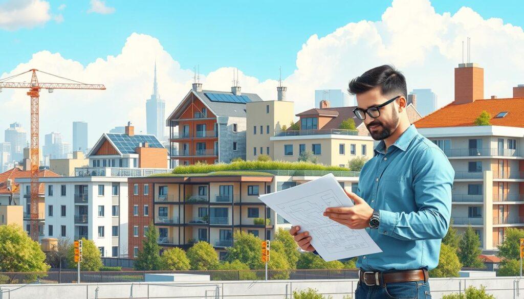 A detailed illustration of various renovation strategies for retrofitting existing buildings, showcasing an urban landscape in the background. In the foreground, a construction planner reviewing blueprints on a digital tablet, dressed in smart casual attire, indicating a professional yet approachable atmosphere. To the left, a construction crew installing energy-efficient windows and solar panels, illustrating sustainable technologies. In the middle, a series of buildings undergoing renovations, with visible architectural features such as green roofs, rainwater harvesting systems, and upgraded insulation. The background features a blue sky with soft clouds, ambient sunlight casting natural light on the scene, enhancing the feeling of innovation and progress in sustainable architecture. Capture a sense of collaboration and forward-thinking in this vibrant setting.