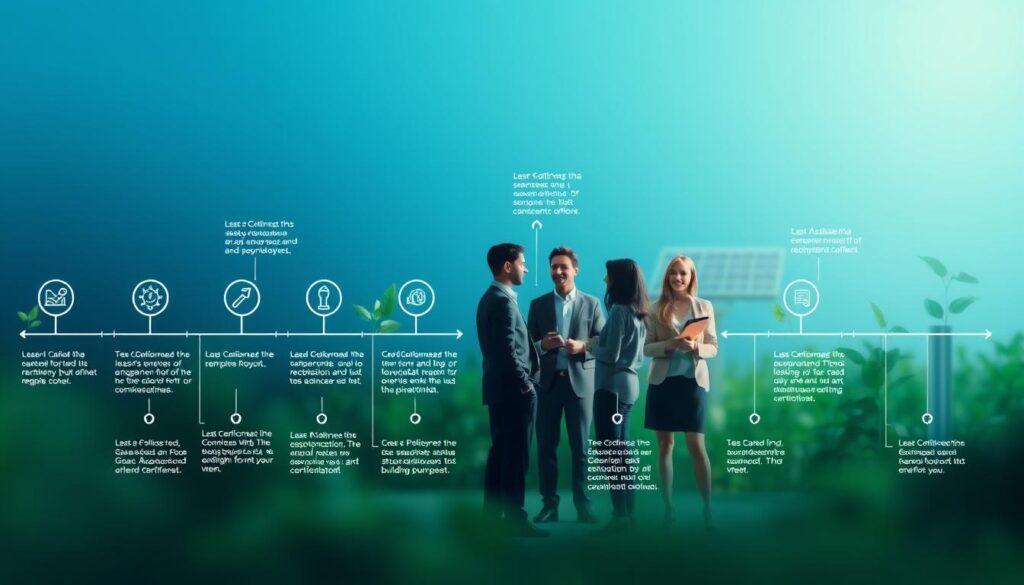 A detailed infographic illustrating the building standards certification process timeline. In the foreground, show a well-organized flowchart with distinct steps, each represented by professional icons. The middle section features professionals in business attire discussing certification criteria, surrounded by green and sustainable design elements like leaves and solar panels. The background should be a subtle gradient of blue and green, signifying eco-friendliness and innovation. Soft, ambient lighting highlights the flowchart, while shadows provide depth to the professionals engaged in conversation. The overall mood is informative and optimistic, conveying a sense of progression and achievement in obtaining LEED and Green Certifications.