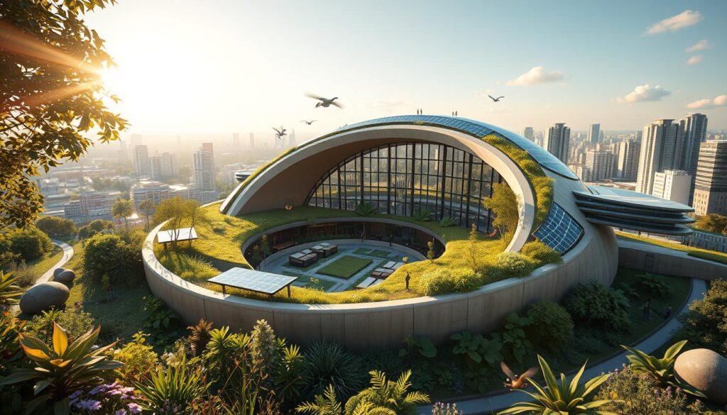 A futuristic building design showcasing circular design principles, featuring a harmonious blend of nature and architecture. The foreground displays a circular structure made of sustainable materials, with green roofs and integrated solar panels reflecting innovation. In the middle ground, diverse flora and fauna thrive, illustrating biodiversity and ecological balance. The background presents an urban skyline with eco-friendly buildings, all bathed in warm, natural sunlight streaming from the left. The atmosphere is optimistic and forward-thinking, suggesting a transition to a sustainable future. The image should be captured with a wide-angle lens, emphasizing the circular forms and harmonious integration of the environment. No people are present, allowing the architecture and nature to take center stage.