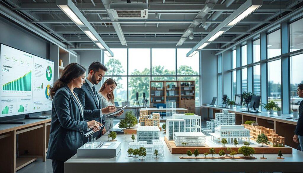 A modern, spacious research lab showcasing an integrated design process for sustainability. In the foreground, researchers in professional business attire examine prototypes of eco-friendly building materials, with graphs and charts displaying sustainability metrics on adjacent screens. The middle ground features a collaborative workspace with innovative tools and 3D models of sustainable building designs, illuminated by bright overhead lighting that creates a vibrant atmosphere. The background reveals large windows with views of green spaces and urban landscapes, symbolizing real-world applications. Soft natural light filters in, enhancing the sense of innovation and collaboration, while a balanced color palette of greens, blues, and earthy tones evokes a feeling of harmony with nature. The overall mood is one of excitement and forward-thinking in the realm of building science.