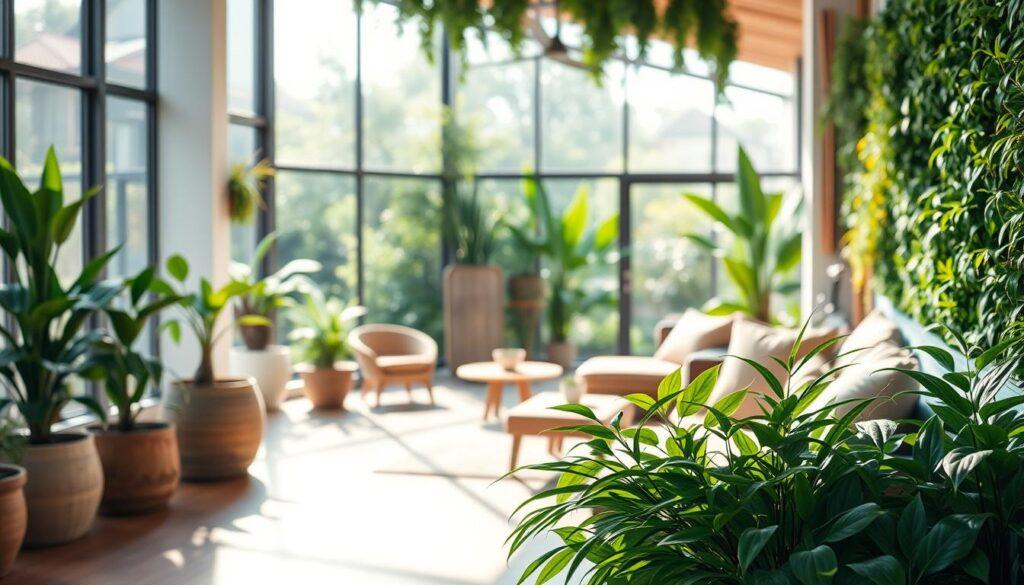 A serene indoor environment showcasing biophilic design principles, featuring lush greenery such as potted plants and a living wall in the foreground. There is a cozy seating area with natural wood textures and comfortable cushions, bathed in soft, warm natural light filtering through large windows that overlook a garden. The middle space presents an open layout with organic shapes and sustainable materials, highlighting elements like bamboo furniture and recycled decor. In the background, soft tones of pastel colors blend with the greenery to create a tranquil atmosphere. The composition should convey a sense of harmony and well-being, capturing the essence of nature indoors while promoting health and environmental benefits. Gentle shadows and a focus on light reflections enhance the inviting mood. A serene indoor environment showcasing biophilic design principles, featuring lush greenery such as potted plants and a living wall in the foreground. There is a cozy seating area with natural wood textures and comfortable cushions, bathed in soft, warm natural light filtering through large windows that overlook a garden. The middle space presents an open layout with organic shapes and sustainable materials, highlighting elements like bamboo furniture and recycled decor. In the background, soft tones of pastel colors blend with the greenery to create a tranquil atmosphere. The composition should convey a sense of harmony and well-being, capturing the essence of nature indoors while promoting health and environmental benefits. Gentle shadows and a focus on light reflections enhance the inviting mood.