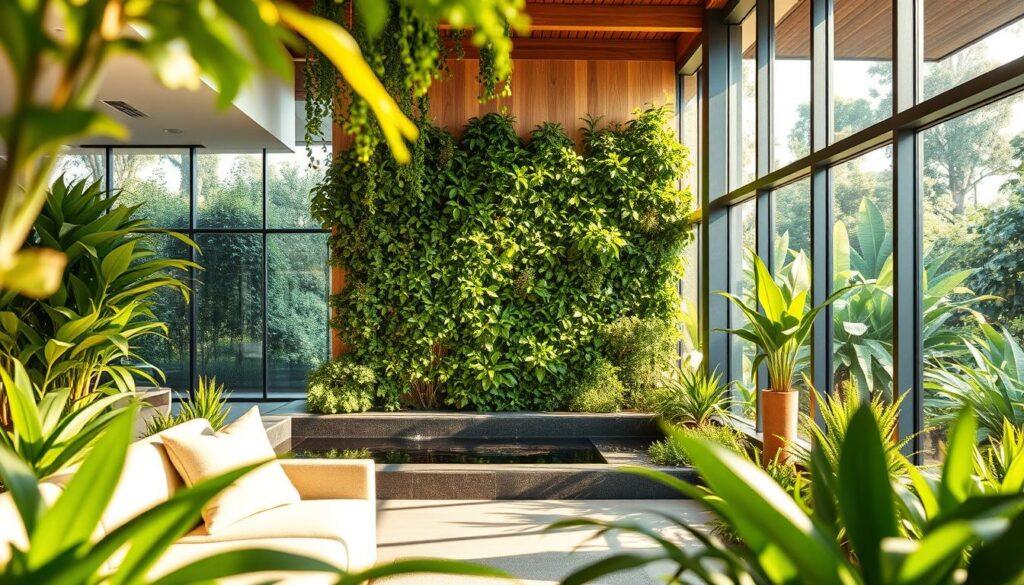 A stunning interior space showcasing biophilic design principles, with lush green plants integrated into modern architecture. In the foreground, a well-lit seating area features comfortable, natural materials like wood and fabric, while large windows offer a glimpse of the vibrant outdoor landscape. In the middle ground, a vertical garden thrives against a sunlit wall, and a water feature softly reflects light, creating a serene atmosphere. The background reveals expansive glass walls, blurring the lines between inside and outside, filled with greenery and sunlight. The scene is bathed in warm, natural lighting, highlighting the harmony between nature and contemporary design. Overall, the image conveys a peaceful, inviting, and rejuvenating mood, perfect for illustrating top biophilic design projects. A stunning interior space showcasing biophilic design principles, with lush green plants integrated into modern architecture. In the foreground, a well-lit seating area features comfortable, natural materials like wood and fabric, while large windows offer a glimpse of the vibrant outdoor landscape. In the middle ground, a vertical garden thrives against a sunlit wall, and a water feature softly reflects light, creating a serene atmosphere. The background reveals expansive glass walls, blurring the lines between inside and outside, filled with greenery and sunlight. The scene is bathed in warm, natural lighting, highlighting the harmony between nature and contemporary design. Overall, the image conveys a peaceful, inviting, and rejuvenating mood, perfect for illustrating top biophilic design projects.