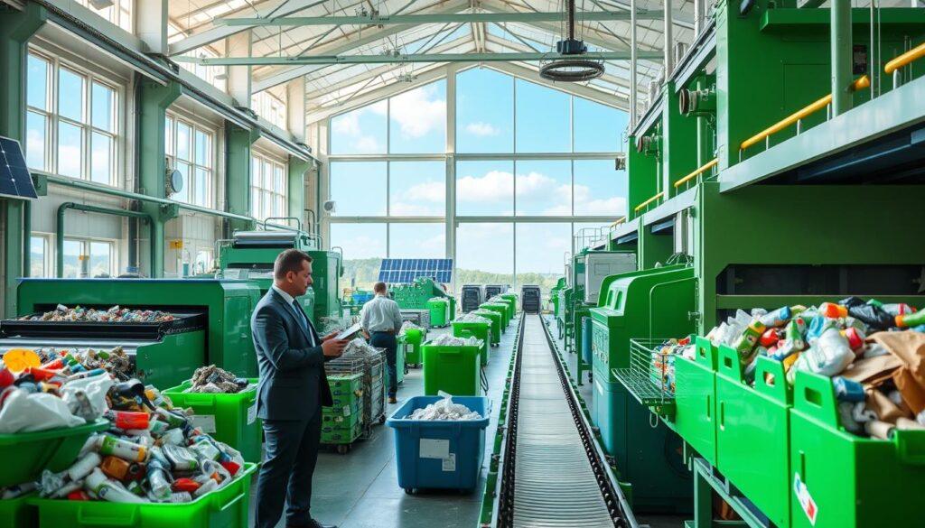 A vibrant recycling facility showcasing various aspects of the recycling industry. In the foreground, professionals in business attire inspect recyclable materials, emphasizing teamwork and innovation. The middle ground features advanced sorting machines and conveyors transporting plastics, metals, and paper products, creating a dynamic sense of motion. In the background, a clear blue sky peeks through large windows, highlighting the facility's eco-friendly design with solar panels. Soft, natural lighting enhances the green and blue tones, representing sustainability. The atmosphere is industrious yet hopeful, reflecting the potential of transforming waste into valuable resources. The scene captures the essence of the circular economy in action.