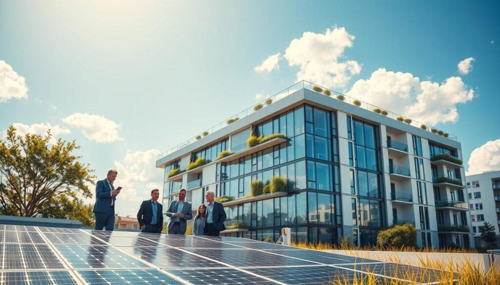 A visually inspiring scene showcasing a successful retrofit of an existing building, emphasizing energy savings. In the foreground, include a diverse group of professionals in business attire inspecting solar panels on a modernized rooftop, discussing their findings with enthusiasm and collaboration. The middle ground features a sleek, sustainable building with large windows and greenery integrated into the design, illustrating energy-efficient features like smart blinds and rainwater harvesting systems. In the background, a bright blue sky with soft, fluffy clouds enhances the sense of innovation and optimism, coupled with warm sunlight illuminating the scene. The overall mood is one of achievement and sustainability, captured in a wide-angle shot to convey a sense of community transformation and environmental responsibility.