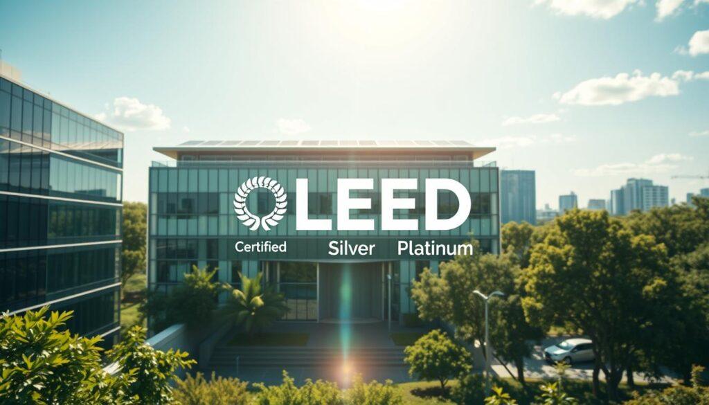 A visually striking representation of LEED certification levels, showcasing a multi-tiered structure that symbolizes different levels of green building certification: Certified, Silver, Gold, and Platinum. In the foreground, include an elegant, modern office building with lush greenery and solar panels. The middle layer features a clear, infographic-style display of the LEED level signs, creatively integrated into the architecture, bathed in natural sunlight. In the background, a serene urban landscape with trees and blue skies creates a harmonious environment. Soft, warm lighting evokes a sense of sustainability and innovation, while the overall mood reflects professionalism and a commitment to green practices. The image should feel dynamic and inviting, emphasizing the importance of eco-friendly building standards.