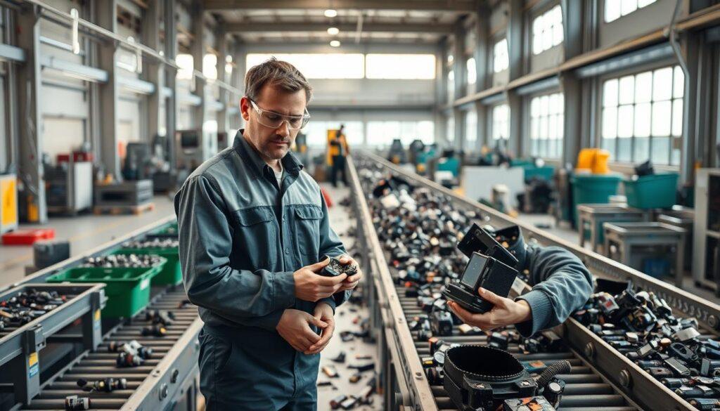 A busy battery recycling plant operator stands in a spacious, modern facility filled with industrial equipment. In the foreground, the operator, wearing professional work attire and safety goggles, inspects and sorts dismantled battery components with focused determination. The middle ground features recycling machinery working efficiently, with conveyor belts displaying various battery parts and recycling bins. In the background, large windows let in natural light, illuminating the scene and enhancing the high-tech atmosphere. The overall mood is one of industrious professionalism and sustainability, with a clean and organized layout emphasizing the importance of environmental responsibility. The perspective captures the operator from a slightly elevated angle, showcasing the scale of the operation while maintaining a clear focus on their critical role. A busy battery recycling plant operator stands in a spacious, modern facility filled with industrial equipment. In the foreground, the operator, wearing professional work attire and safety goggles, inspects and sorts dismantled battery components with focused determination. The middle ground features recycling machinery working efficiently, with conveyor belts displaying various battery parts and recycling bins. In the background, large windows let in natural light, illuminating the scene and enhancing the high-tech atmosphere. The overall mood is one of industrious professionalism and sustainability, with a clean and organized layout emphasizing the importance of environmental responsibility. The perspective captures the operator from a slightly elevated angle, showcasing the scale of the operation while maintaining a clear focus on their critical role.