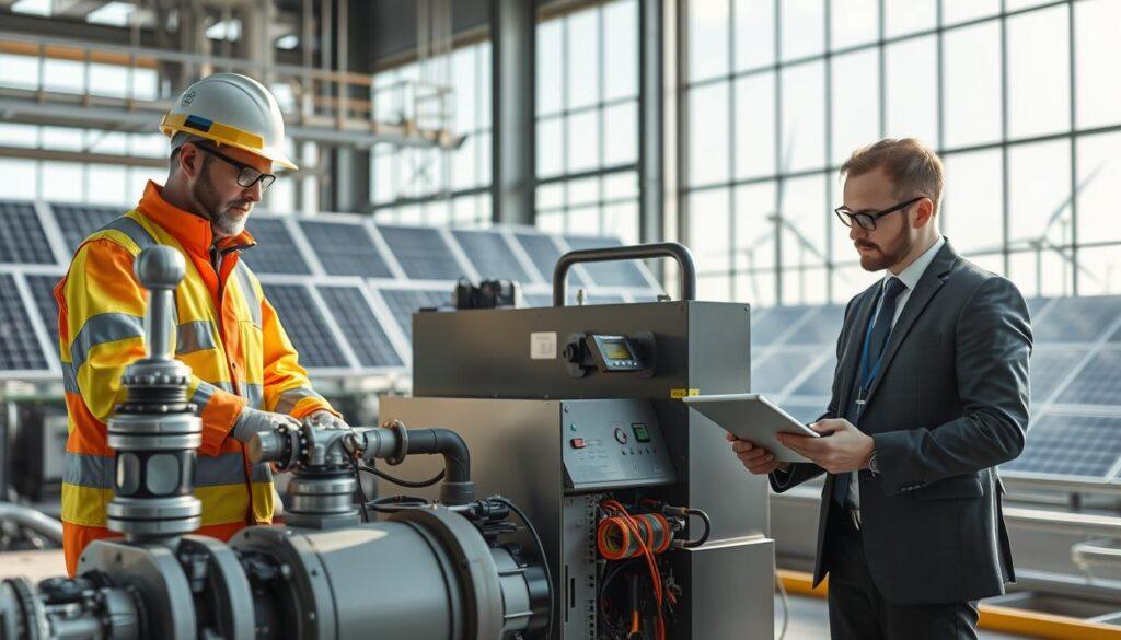 A hydrogen technician and engineer in a dynamic work environment, foreground featuring a diverse group of professionals wearing safety gear and business attire, collaborating around advanced electrolyzer equipment. The technician is positioned on the left, inspecting the machinery, while the engineer on the right discusses technical data on a tablet. In the middle, detailed equipment like an ammonia synthesis unit and control panels showcase the cutting-edge technology involved in green hydrogen production. The background displays an expansive industrial facility with solar panels and wind turbines visible through large windows, bathing the scene in natural daylight. The mood is one of innovation and teamwork, conveying a sense of urgency and purpose in the shift towards sustainable energy solutions. Soft focus on the background emphasizes the professionals and their work.