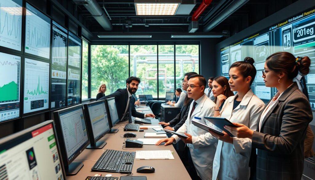 A modern carbon capture plant control room bustling with activity, featuring a team of diverse professionals in business attire, including process engineers and chemists, closely monitoring computer screens filled with graphs and real-time data. In the foreground, a male engineer, of Middle-Eastern descent, is pointing at a digital interface, while a female chemist, of Hispanic descent, takes notes on a tablet. The middle ground showcases various high-tech equipment and intricate pipeline schematics displayed on large monitors. In the background, large windows reveal greenery and the facility’s exterior with visible carbon capture infrastructure. The lighting is bright and focused, creating a high-tech, efficient atmosphere, shot from a slightly elevated angle to capture the teamwork dynamics and engaged expressions. A modern carbon capture plant control room bustling with activity, featuring a team of diverse professionals in business attire, including process engineers and chemists, closely monitoring computer screens filled with graphs and real-time data. In the foreground, a male engineer, of Middle-Eastern descent, is pointing at a digital interface, while a female chemist, of Hispanic descent, takes notes on a tablet. The middle ground showcases various high-tech equipment and intricate pipeline schematics displayed on large monitors. In the background, large windows reveal greenery and the facility’s exterior with visible carbon capture infrastructure. The lighting is bright and focused, creating a high-tech, efficient atmosphere, shot from a slightly elevated angle to capture the teamwork dynamics and engaged expressions.