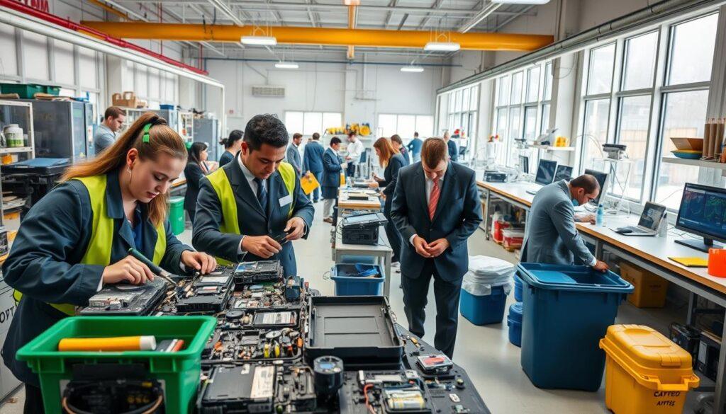 A vibrant indoor battery recycling facility, filled with well-organized operations and research spaces. In the foreground, a diverse team of professionals in business attire examines a disassembled battery pack, while using advanced tools and safety equipment. The middle ground features workstations with scientists conducting tests on battery materials, surrounded by high-tech equipment and monitors displaying data. In the background, large windows allow natural light to illuminate the space, creating a bright and dynamic atmosphere. The environment is cluttered yet efficient, with recycling bins, tools, and samples arranged meticulously. The overall mood is focused and innovative, capturing the essence of day-to-day operations in battery recycling and second-life systems. The image is crisp and detailed, ensuring clarity and depth. A vibrant indoor battery recycling facility, filled with well-organized operations and research spaces. In the foreground, a diverse team of professionals in business attire examines a disassembled battery pack, while using advanced tools and safety equipment. The middle ground features workstations with scientists conducting tests on battery materials, surrounded by high-tech equipment and monitors displaying data. In the background, large windows allow natural light to illuminate the space, creating a bright and dynamic atmosphere. The environment is cluttered yet efficient, with recycling bins, tools, and samples arranged meticulously. The overall mood is focused and innovative, capturing the essence of day-to-day operations in battery recycling and second-life systems. The image is crisp and detailed, ensuring clarity and depth.