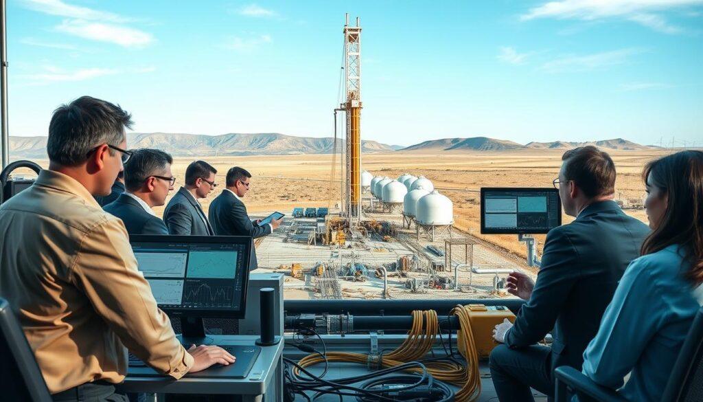 An industrial scene depicting the MRV process for Class VI wells in a carbon capture context. In the foreground, a diverse group of professionals in business attire operates advanced monitoring equipment, analyzing data on screens displaying graphs and metrics related to carbon sequestration. In the middle ground, a Class VI well site with wellheads and tanks, surrounded by high-tech sensors and tubing, illustrates the technical aspects of monitoring and verification. The background features a clear blue sky with distant hills, symbolizing environmental stewardship. Soft natural lighting illuminates the scene, enhancing the serious, professional atmosphere of innovation and responsibility in CCUS. The angle is slightly elevated, providing a comprehensive view of the well site and the engaged team. An industrial scene depicting the MRV process for Class VI wells in a carbon capture context. In the foreground, a diverse group of professionals in business attire operates advanced monitoring equipment, analyzing data on screens displaying graphs and metrics related to carbon sequestration. In the middle ground, a Class VI well site with wellheads and tanks, surrounded by high-tech sensors and tubing, illustrates the technical aspects of monitoring and verification. The background features a clear blue sky with distant hills, symbolizing environmental stewardship. Soft natural lighting illuminates the scene, enhancing the serious, professional atmosphere of innovation and responsibility in CCUS. The angle is slightly elevated, providing a comprehensive view of the well site and the engaged team.