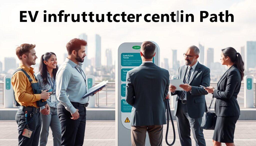 A clear, professional illustration of an "EV infrastructure certification path." In the foreground, a diverse group of professionals in business attire discussing certification options, including an electrician with tools, a technician reviewing training materials, and a manufacturer representative showcasing a training module. In the middle ground, a sleek modern electric vehicle charging station with detailed signage highlighting various certification tracks, such as electrician licenses and manufacturer trainings. The background features a cityscape dotted with charging stations, symbolizing the growth of EV infrastructure. Soft, natural lighting illuminates the scene, creating an optimistic and forward-looking atmosphere. The angle captures the dynamic interaction between the professionals, emphasizing the importance of education in the thriving EV industry. A clear, professional illustration of an "EV infrastructure certification path." In the foreground, a diverse group of professionals in business attire discussing certification options, including an electrician with tools, a technician reviewing training materials, and a manufacturer representative showcasing a training module. In the middle ground, a sleek modern electric vehicle charging station with detailed signage highlighting various certification tracks, such as electrician licenses and manufacturer trainings. The background features a cityscape dotted with charging stations, symbolizing the growth of EV infrastructure. Soft, natural lighting illuminates the scene, creating an optimistic and forward-looking atmosphere. The angle captures the dynamic interaction between the professionals, emphasizing the importance of education in the thriving EV industry.