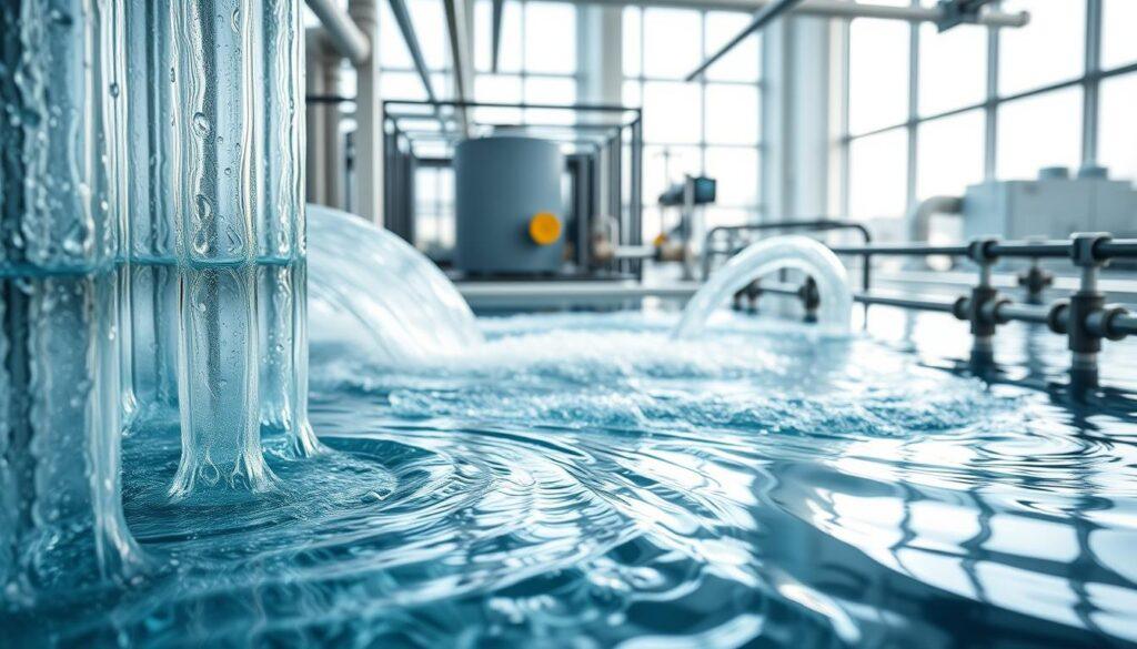 A cutting-edge reverse osmosis (RO) and membrane bioreactor (MBR) water treatment facility, showcasing modern technology in action. In the foreground, clear, intricate RO membranes and MBR tanks filled with treated water are depicted, with gentle ripples on the surface. The middle ground features a dynamic flow of water, illustrating the filtration process, with pipes and valves elegantly arranged. The background includes large windows allowing natural light to flood the space, creating a bright, efficient atmosphere. The lighting is soft yet bright, highlighting the clean, innovative design. Convey a sense of professionalism and sustainability, with an emphasis on the importance of water reuse technology. No human figures present, maintaining a focus on the technology and its environment.