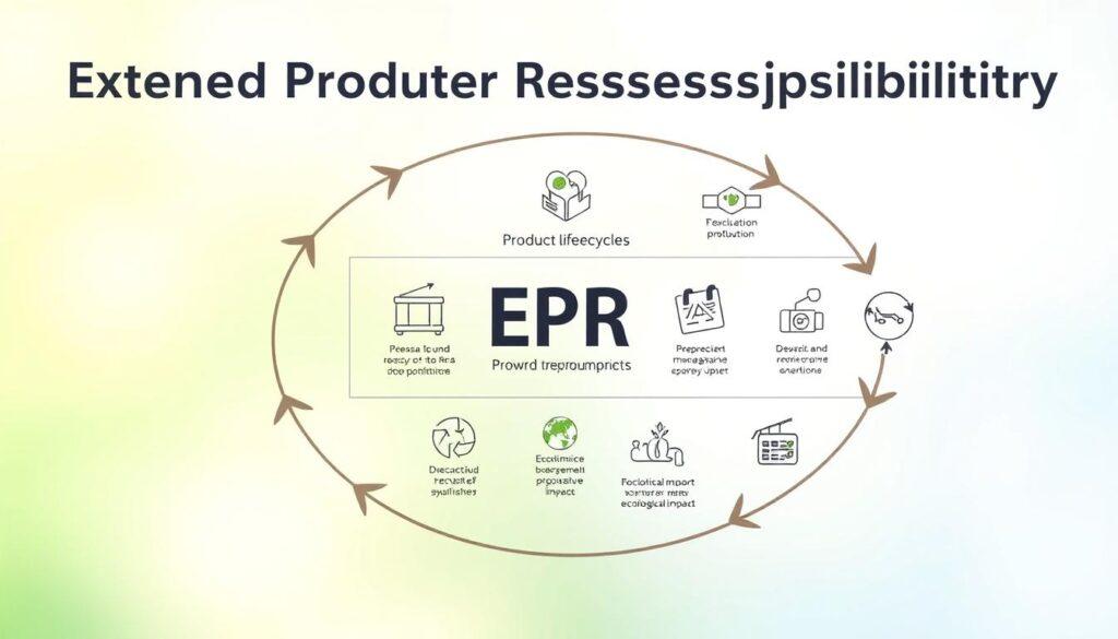 A detailed diagram illustrating Extended Producer Responsibility (EPR) policies, showcasing the product lifecycle stages: design, production, distribution, use, and end-of-life. In the foreground, clearly defined arrows connect each stage, symbolizing the flow and relationships involved. The middle section highlights key concepts such as recycling, waste management, and ecological impact through icons and illustrations. The background features a soft gradient, transitioning from light green to blue, creating a fresh and engaging atmosphere that evokes sustainability and responsibility. Use a clean, professional layout with balanced spacing and harmonious colors. The overall mood should be informative yet inspiring, with bright, natural lighting to enhance clarity and focus on the diagram's details.