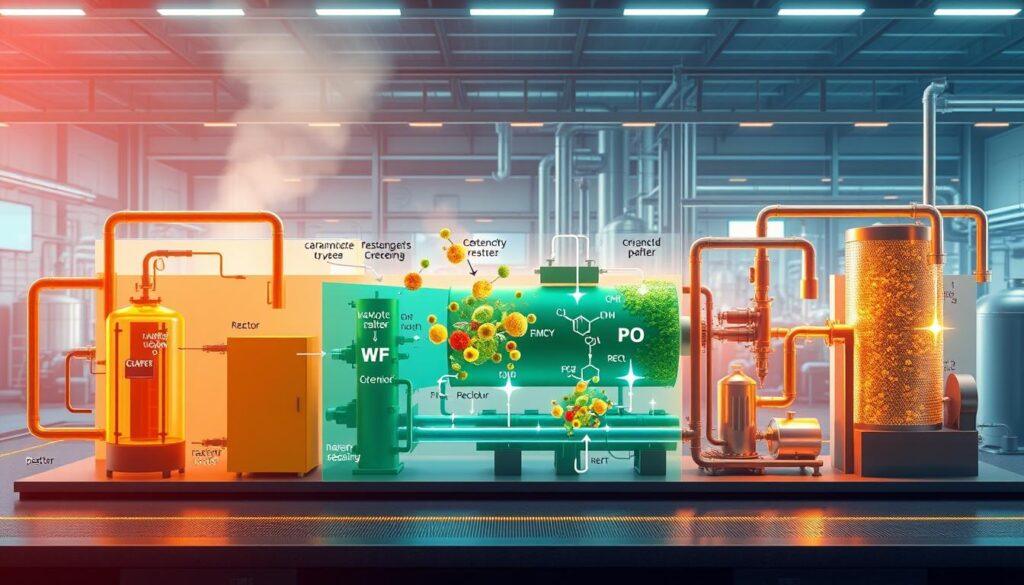 A detailed diagram illustrating the pyrolysis technology process, emphasizing advanced chemical recycling breakthroughs. In the foreground, include clearly labeled components such as reactors, heat exchangers, and condensers, depicted with flow arrows indicating the conversion of waste materials into valuable fuels. The middle-ground should showcase a dynamic interplay of chemical reactions, represented by colored gradients and molecular structures transforming. In the background, illustrate a futuristic industrial setting with soft, ambient lighting to create a high-tech atmosphere. Use a slightly elevated angle to provide depth to the diagram, capturing the complexity of the process. The overall mood should be innovative and clean, reflecting advances in sustainable technology, without any text or branding.