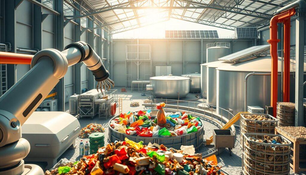 A detailed illustration of a chemical recycling circular economy process, showcasing a modern facility with advanced machinery. In the foreground, a robotic arm carefully manipulates waste materials. The middle ground features a circular processing line where plastic and organic waste are being converted into reusable raw materials, with vibrant colors representing different materials. The background displays large, eco-friendly storage tanks and solar panels on the roof, symbolizing sustainability. Bright, natural lighting casts a hopeful atmosphere, emphasizing innovation. The scene is photographed with a wide-angle lens to capture the scale of the operation, conveying a sense of dynamism and forward-thinking technology in waste processing. A detailed illustration of a chemical recycling circular economy process, showcasing a modern facility with advanced machinery. In the foreground, a robotic arm carefully manipulates waste materials. The middle ground features a circular processing line where plastic and organic waste are being converted into reusable raw materials, with vibrant colors representing different materials. The background displays large, eco-friendly storage tanks and solar panels on the roof, symbolizing sustainability. Bright, natural lighting casts a hopeful atmosphere, emphasizing innovation. The scene is photographed with a wide-angle lens to capture the scale of the operation, conveying a sense of dynamism and forward-thinking technology in waste processing.