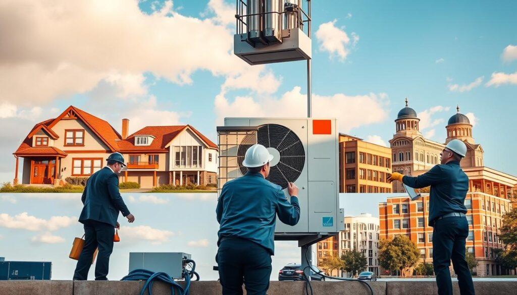 A detailed installation of heat pumps for building electrification, showcasing various segments: single family homes, multifamily apartments, commercial buildings, and educational campuses. In the foreground, a team of professionals in business attire is carefully setting up a sleek, modern heat pump, with tools and equipment visible. In the middle, each segment is identified by distinct architectural features, such as cozy houses, open multifamily units, a bustling commercial space, and a large campus building, all depicted in an inviting, well-lit environment. The background features a clear blue sky with soft clouds, creating a bright and hopeful atmosphere. Soft, natural lighting casts realistic shadows, emphasizing the intricate details of the heat pump and surrounding structures. The angle showcases the teamwork involved in this electrification process, without any distractions or text. A detailed installation of heat pumps for building electrification, showcasing various segments: single family homes, multifamily apartments, commercial buildings, and educational campuses. In the foreground, a team of professionals in business attire is carefully setting up a sleek, modern heat pump, with tools and equipment visible. In the middle, each segment is identified by distinct architectural features, such as cozy houses, open multifamily units, a bustling commercial space, and a large campus building, all depicted in an inviting, well-lit environment. The background features a clear blue sky with soft clouds, creating a bright and hopeful atmosphere. Soft, natural lighting casts realistic shadows, emphasizing the intricate details of the heat pump and surrounding structures. The angle showcases the teamwork involved in this electrification process, without any distractions or text.