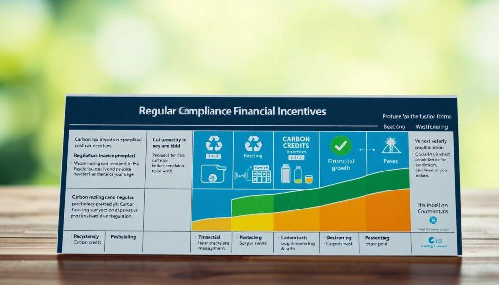 A detailed regulatory compliance financial incentives chart, prominently displayed in the foreground, featuring various colored sections representing carbon tax impacts and waste management incentives. The middle layer includes icons symbolizing recycling, carbon credits, and financial growth, designed with clarity and visual appeal. In the background, a subtle gradient of green and blue suggests an eco-friendly atmosphere, evoking the themes of sustainability and responsibility. Soft, diffused lighting enhances the professional tone, while a slight top-down angle provides an informative perspective. The overall mood conveys a sense of hope and progress in waste management practices driven by governmental regulations, all composed without any text or distracting elements.