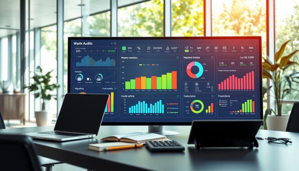A detailed waste audit and KPI dashboard displayed prominently in a modern corporate office environment. In the foreground, focus on a sleek, high-tech digital screen showcasing colorful graphs, pie charts, and indicators that reflect waste metrics and key performance indicators. In the middle, include a sophisticated desk with a laptop, notebooks, and a solar-powered calculator to emphasize sustainability. The background features floor-to-ceiling windows allowing natural light to stream in, illuminating greenery outside, symbolizing eco-friendliness. The overall atmosphere is one of professionalism and innovation, with a fresh, clean aesthetic. The image should be sharp and vibrant, taken from a slightly elevated angle to capture the entire dashboard in detail, while maintaining a clear focus on the dashboard's visuals.