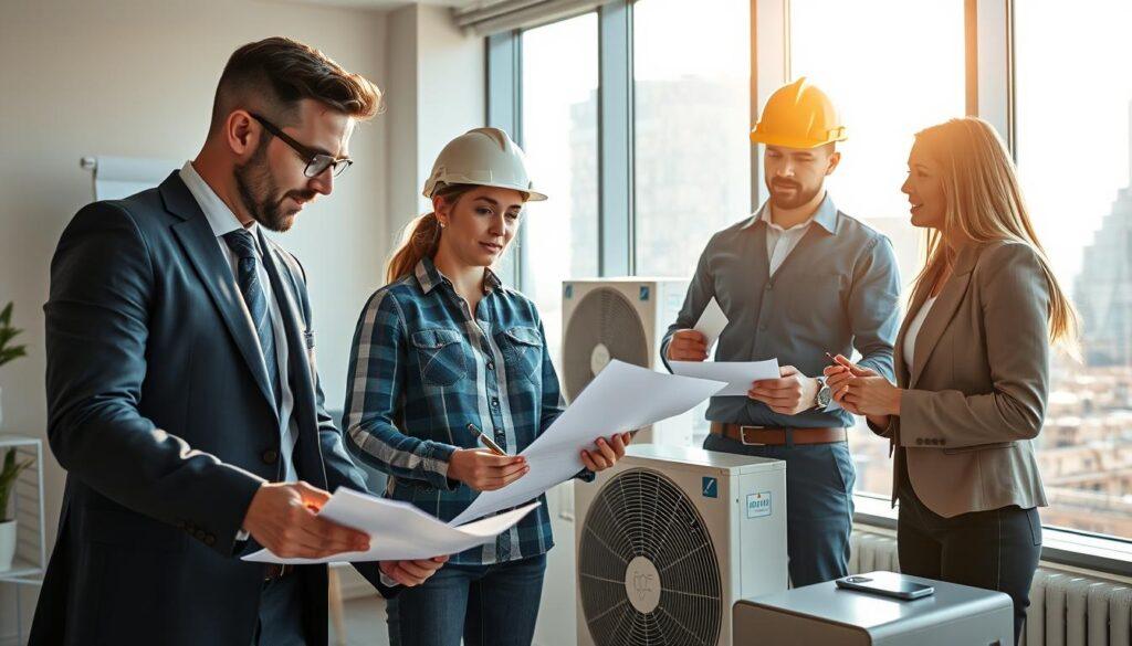 A dynamic workspace featuring professionals engaged in various roles related to building electrification and heat pumps. In the foreground, a male auditor in a smart business suit reviews energy efficiency reports with a female designer, who sketches plans for a heat pump installation, both focused and in discussion. In the middle ground, a male installer wearing a hard hat and safety gear confidently sets up a heat pump unit, while a female CX agent in professional attire consults with a client. In the background, a large window reveals a modern cityscape bathed in sunlight, creating an atmosphere of innovation and progress. The lighting is bright and natural, with a lens angle that emphasizes collaboration and teamwork, showcasing the importance of these high-demand careers in electrification. A dynamic workspace featuring professionals engaged in various roles related to building electrification and heat pumps. In the foreground, a male auditor in a smart business suit reviews energy efficiency reports with a female designer, who sketches plans for a heat pump installation, both focused and in discussion. In the middle ground, a male installer wearing a hard hat and safety gear confidently sets up a heat pump unit, while a female CX agent in professional attire consults with a client. In the background, a large window reveals a modern cityscape bathed in sunlight, creating an atmosphere of innovation and progress. The lighting is bright and natural, with a lens angle that emphasizes collaboration and teamwork, showcasing the importance of these high-demand careers in electrification.