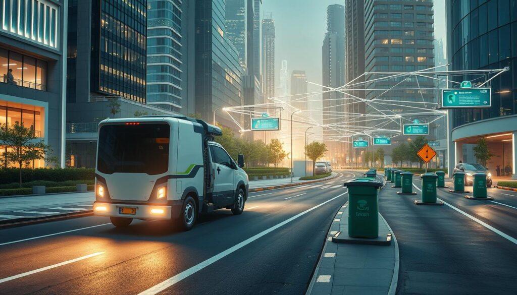 A futuristic cityscape depicting AI-driven route optimization for waste management. In the foreground, a sleek, autonomous waste collection truck with advanced sensors navigates a smartly designed urban environment, illuminated by soft, dynamic lighting. The middle ground showcases eco-friendly waste bins equipped with IoT sensors, surrounded by greenery and modern architecture. In the background, a network of smart roads with digital displays shows optimized collection routes, highlighting AI integration. The atmosphere is innovative and efficient, reflecting a sustainable future in waste management. Use a wide-angle lens for depth and clarity, emphasizing the interplay of technology and urban life without any people, ensuring a clean, professional aesthetic.
