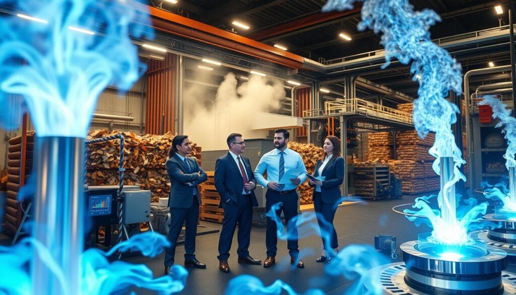 A futuristic plasma gasification facility operating in full swing, showcasing the innovative conversion of waste into clean energy. In the foreground, a series of sleek, metallic plasma torches glowing with a bright blue and white plasma discharge, surrounded by dynamic streams of swirling gas. In the middle ground, a diverse group of engineers in professional business attire observing the process, engaged in discussion, with holographic displays showing data and graphs. In the background, an expansive industrial environment with towering machines and conveyor belts filled with sorted waste materials. The scene is illuminated by bright, high-tech LED lighting, creating a vibrant and energetic atmosphere. The angle is slightly tilted, enhancing the sense of movement and progress in waste-to-energy technology.