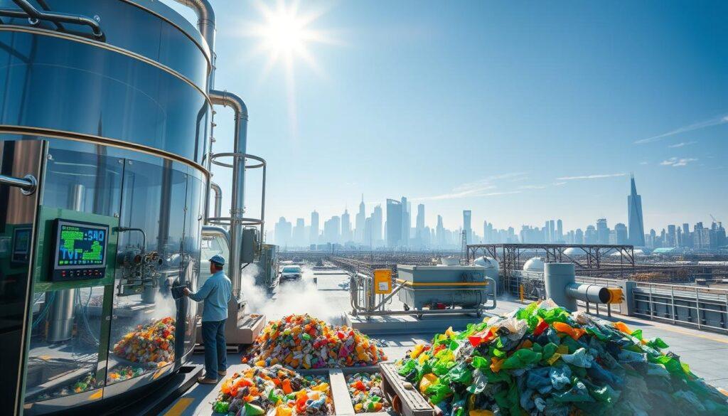 A futuristic plastic-to-fuel processing facility prominently featured in the foreground, showcasing large, gleaming machinery converting plastic waste into fuel. Technicians in professional attire meticulously monitor the process, surrounded by transparent pipes and vibrant screens displaying chemical processes. The middle ground reveals piles of colorful plastic waste being fed into the system, while vapor and green energy elements subtly intertwine, symbolizing sustainability. In the background, a city skyline is visible under a clear blue sky, representing the energy recovery applications at play. The lighting is bright and industrial, enhancing the high-tech atmosphere, with a slight lens flare from the sun, creating an optimistic and innovative ambience.
