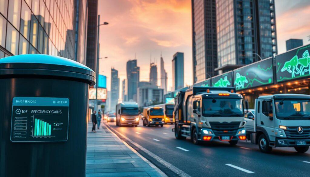 A futuristic urban landscape showcasing IoT waste monitoring systems in action. In the foreground, a high-tech waste bin equipped with smart sensors displays data on efficiency gains, illuminated by soft ambient lighting. The middle ground features a busy street scene with waste collection trucks equipped with advanced sensor technology, optimizing their routes based on real-time data. Smart screens line the street, displaying analytics related to waste collection efficiency. In the background, a skyline of modern buildings integrates green technology, bathed in a warm, golden hour glow. The atmosphere is optimistic and innovative, emphasizing the transformation of waste management through smart technology.