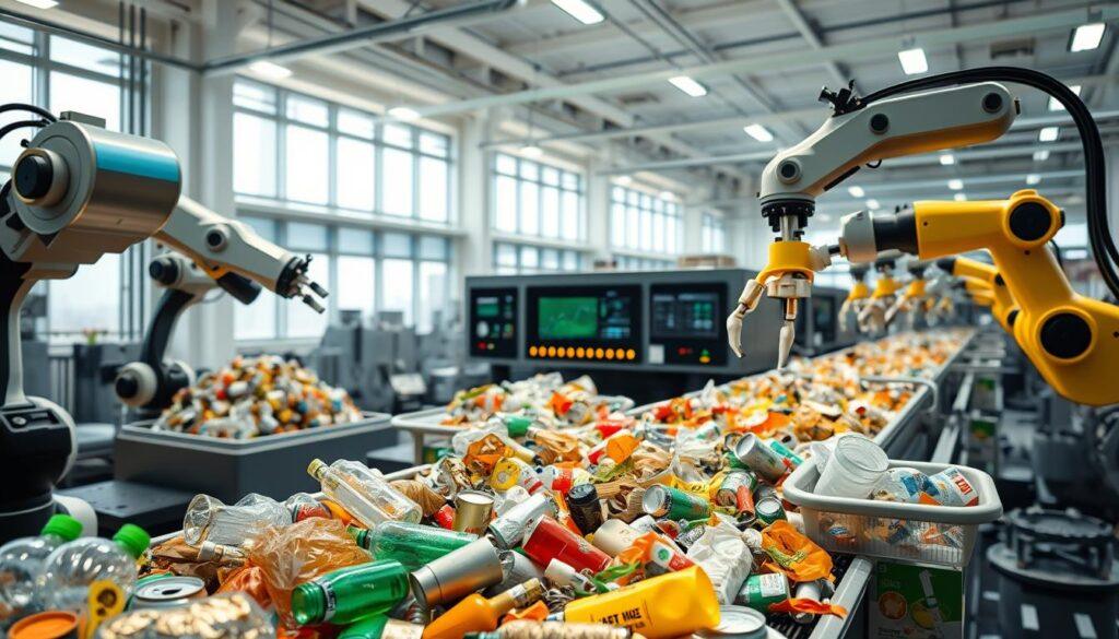 A futuristic waste sorting facility showcasing advanced AI-powered sorting systems. In the foreground, robotic arms equipped with high-tech sensors are diligently sorting a variety of waste materials—plastic bottles, metal cans, and organic waste—on a conveyor belt, gleaming under bright, overhead LED lights. In the middle, machines analyze items using camera vision and AI algorithms, displaying digital data readouts and sorting bins distinctly labeled for different materials. The background reveals an expansive, clean, and organized recycling plant with large windows allowing natural light to flood in, creating a bright, optimistic atmosphere. The scene conveys innovation and efficiency, emphasizing the transformative role of AI in modern waste processing. A futuristic waste sorting facility showcasing advanced AI-powered sorting systems. In the foreground, robotic arms equipped with high-tech sensors are diligently sorting a variety of waste materials—plastic bottles, metal cans, and organic waste—on a conveyor belt, gleaming under bright, overhead LED lights. In the middle, machines analyze items using camera vision and AI algorithms, displaying digital data readouts and sorting bins distinctly labeled for different materials. The background reveals an expansive, clean, and organized recycling plant with large windows allowing natural light to flood in, creating a bright, optimistic atmosphere. The scene conveys innovation and efficiency, emphasizing the transformative role of AI in modern waste processing.