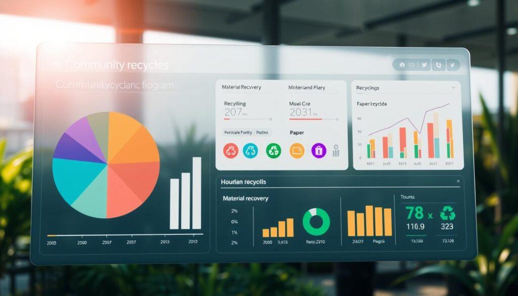 A modern, interactive dashboard displaying community recycling program impact metrics. In the foreground, a large, colorful pie chart shows recycling rates, alongside bar graphs illustrating material recovery statistics. In the middle, a sleek user interface with filters for different demographics and timelines, featuring vibrant icons of recyclable materials like plastics and paper. The background features a subtle urban landscape with green spaces, symbolizing community involvement and sustainability. Soft, natural lighting casts an inviting glow, creating an optimistic atmosphere. The perspective is slightly angled, giving depth to the scene. The overall mood reflects a sense of progress and community engagement in environmental initiatives, with a clean and professional aesthetic.