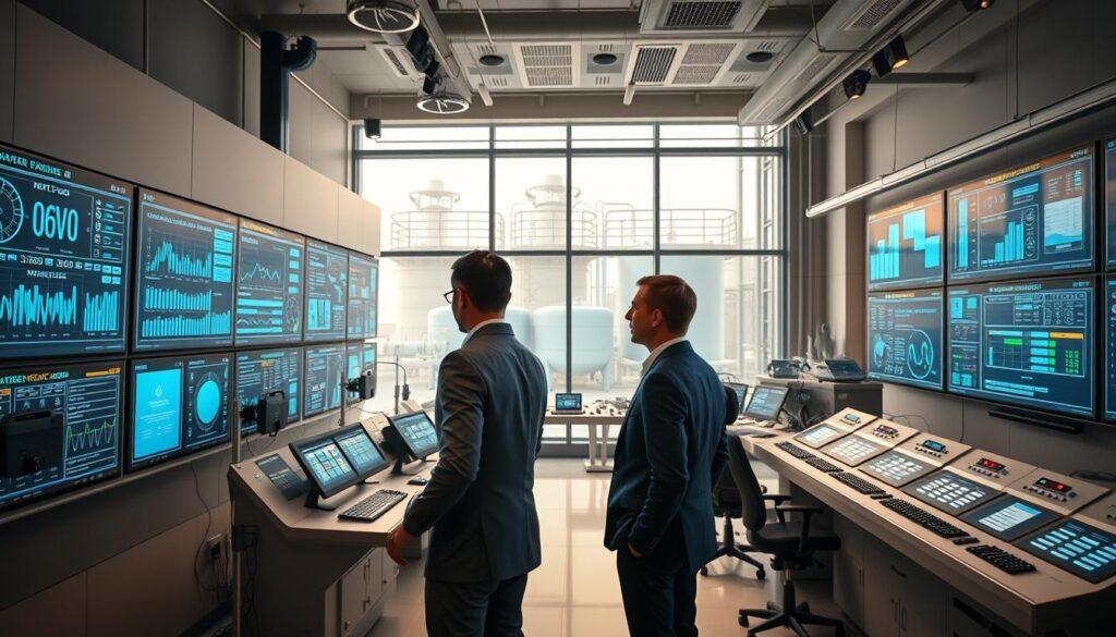A modern water treatment facility control room featuring an advanced SCADA system, showcasing a large array of interactive digital screens displaying real-time data and analytics on water reuse and desalination processes. In the foreground, two professionals in business attire are engaged in collaboration, analyzing metrics on a touch-enabled interface. The middle ground displays an organized workstation equipped with various monitoring devices and illuminated panels, indicating operational status and efficiency. The background reveals large windows with a view of the treatment plant and tanks, bathed in soft, natural light. The atmosphere is one of focus and innovation, conveying the cutting-edge technology used in water treatment processes. The perspective is wide-angled to capture the dynamic environment of the facility.