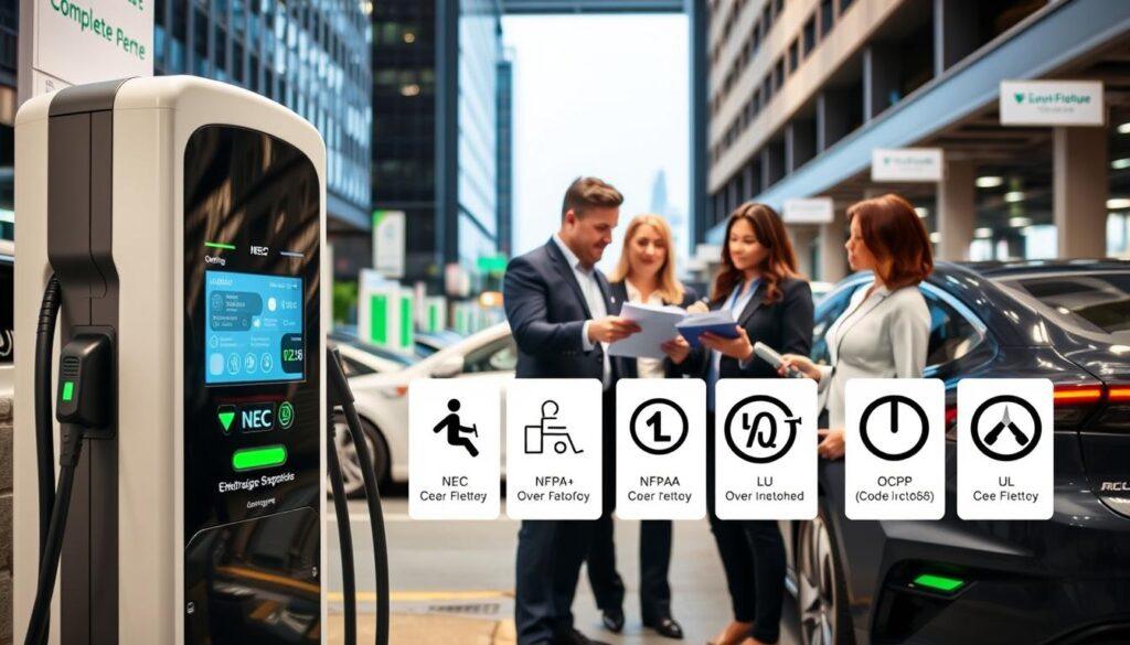 A professional and informative setting showcasing an electric vehicle (EV) charging station aligned with various codes and standards compliance. In the foreground, a sleek, modern EV charging unit displays symbols representing NEC, NFPA, ADA, OCPP, and UL listings. In the middle ground, a diverse group of professionals in business attire discusses compliance documents, pointing to a digital tablet displaying relevant information. The background features a well-lit urban environment with charging stations, electric cars, and clear signage indicating compliance standards. The ambiance is bright and focused, highlighting the importance of safety and regulatory adherence in EV infrastructure development. The perspective is slightly elevated, offering a clear view of both the charging station and the engaged professionals, capturing a sense of urgency and commitment to innovation in the EV sector. A professional and informative setting showcasing an electric vehicle (EV) charging station aligned with various codes and standards compliance. In the foreground, a sleek, modern EV charging unit displays symbols representing NEC, NFPA, ADA, OCPP, and UL listings. In the middle ground, a diverse group of professionals in business attire discusses compliance documents, pointing to a digital tablet displaying relevant information. The background features a well-lit urban environment with charging stations, electric cars, and clear signage indicating compliance standards. The ambiance is bright and focused, highlighting the importance of safety and regulatory adherence in EV infrastructure development. The perspective is slightly elevated, offering a clear view of both the charging station and the engaged professionals, capturing a sense of urgency and commitment to innovation in the EV sector.