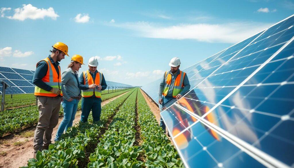A team of agrivoltaics technicians is working diligently on a solar panel installation integrated with agricultural fields. In the foreground, a diverse group of three technicians, dressed in safety gear—helmets, gloves, and vests—inspects the solar panels while discussing vegetation management strategies. In the middle ground, neatly arranged rows of crops stretch out beneath the solar arrays, demonstrating the synergy between agriculture and renewable energy. The background features a clear blue sky with soft clouds, showcasing sunny weather ideal for both solar power generation and plant growth. The scene is well-lit, emphasizing the vibrant green of the crops and the sleek, reflective surface of the solar panels, creating an atmosphere of innovation and progress in sustainable technology.